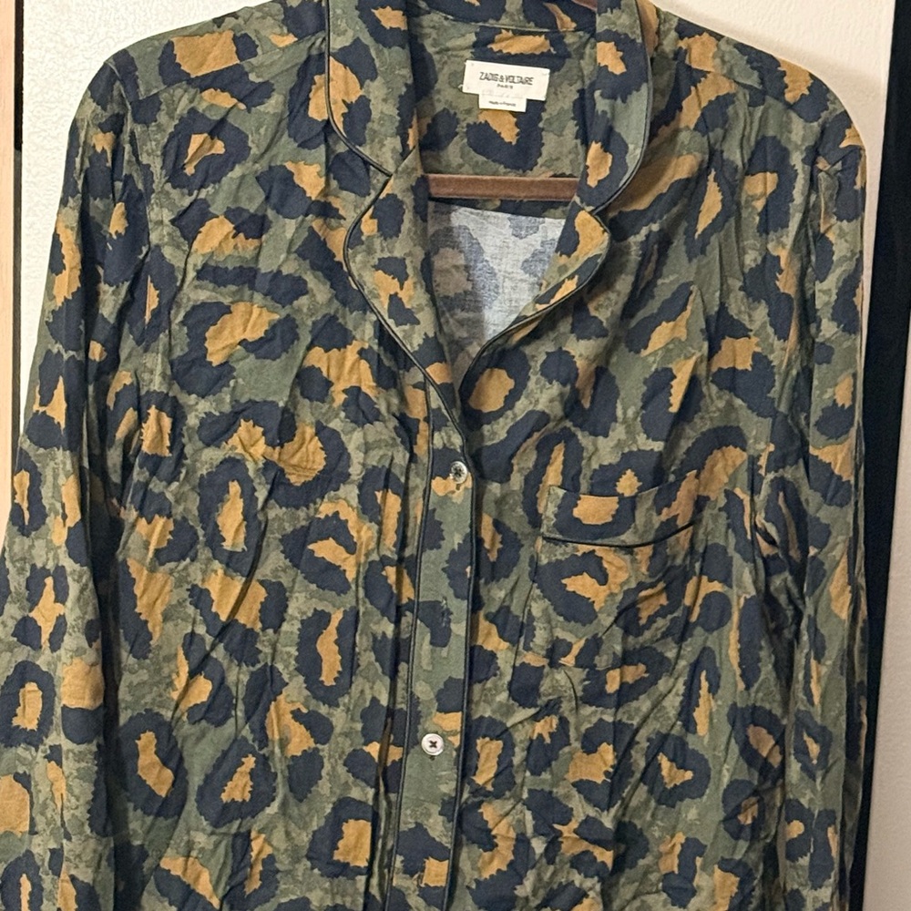 Zadig & Voltaire Green and Gold Leopard Print Top